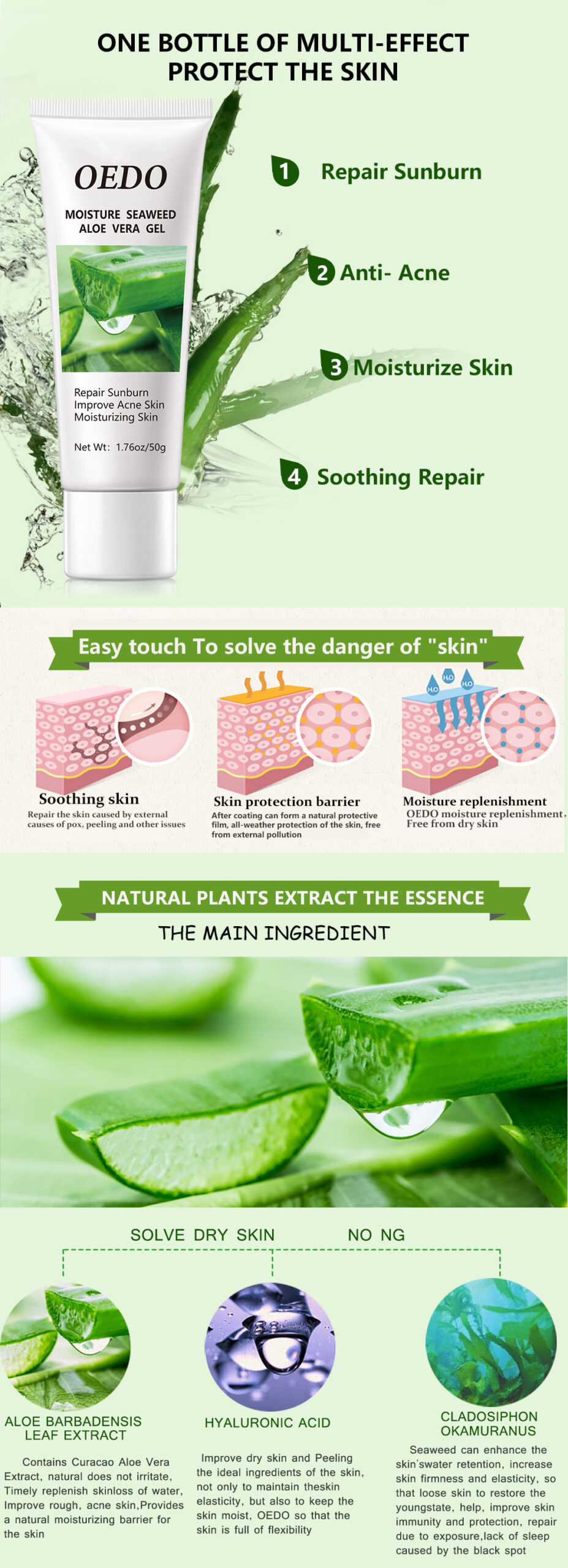 Seaweed Aloe Vera Gel Sun Damage Repair Moisturizing Gel Improves Skin Water Shortage Exfoliating Aloe Vera Gel - Image 4