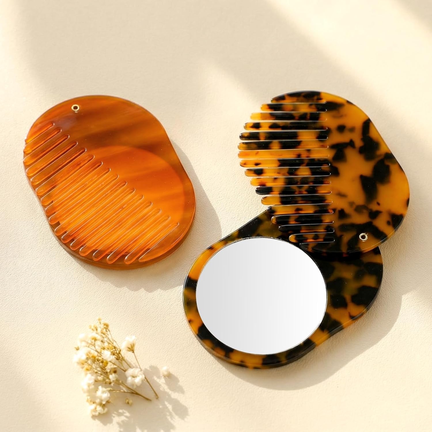 2 Pcs Tortoise Shell Combs With Mirror Mini Portable Folding Hair Comb Travel Compact Pocket Acetate Brush For All Hair Types Bridesmaid Bridal Shower Gift Wedding Favor