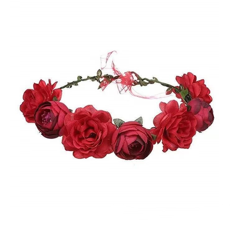 Big Red Rose Bridal Wreath Headband Beach Travel Beautiful Artificial Flower Hair Band Beach Head - Image 7