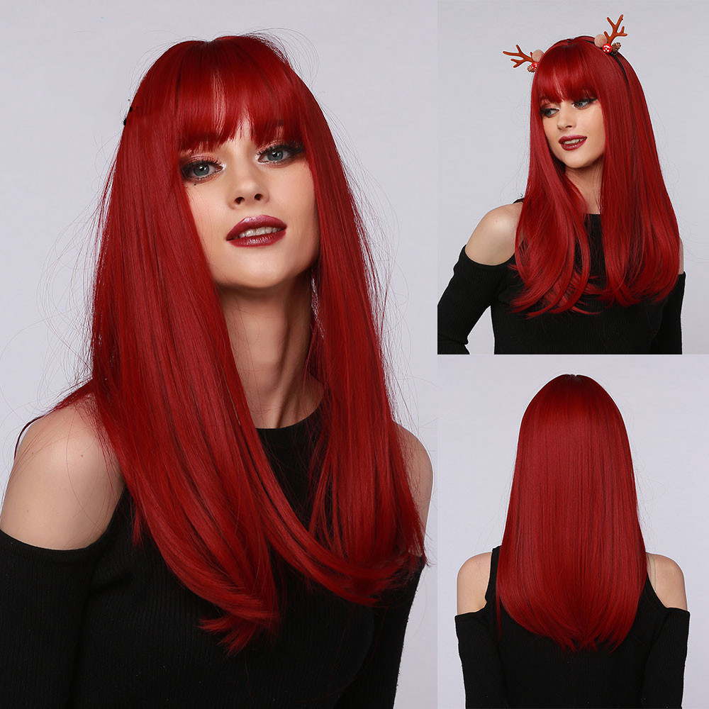 Red Brown Black Multicolor Qi Bangs Medium Length Straight Hair - Image 2
