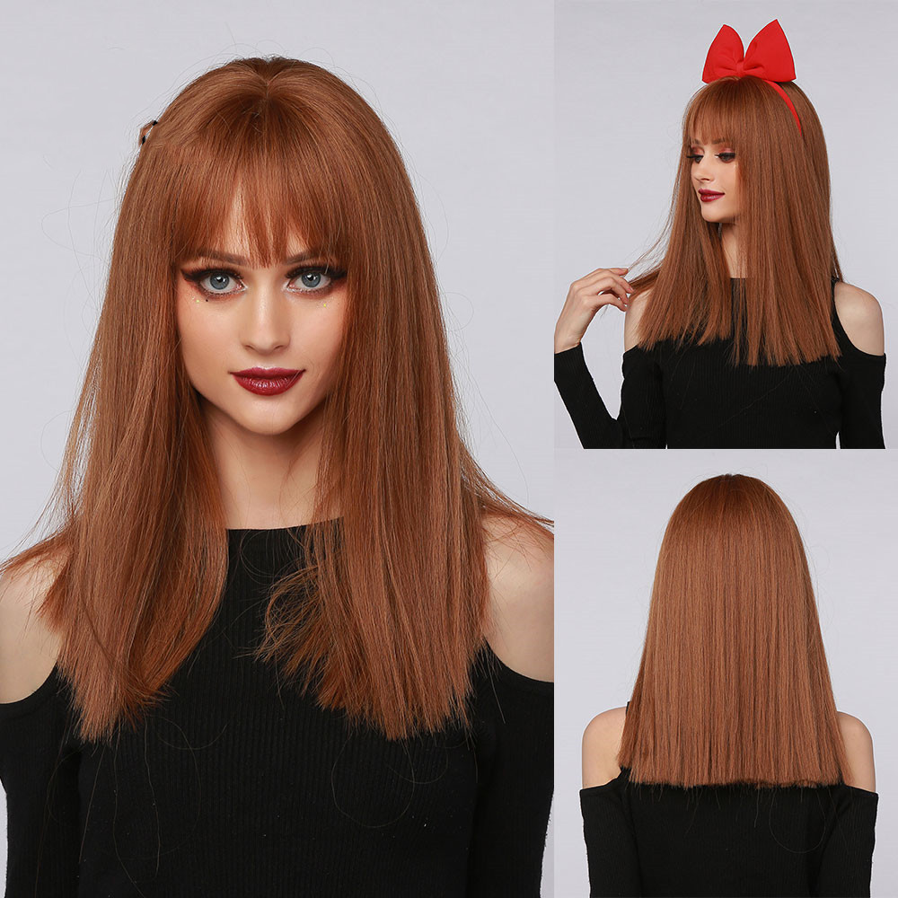 Red Brown Black Multicolor Qi Bangs Medium Length Straight Hair - Image 4