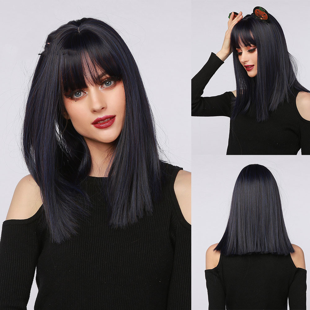 Red Brown Black Multicolor Qi Bangs Medium Length Straight Hair - Image 3