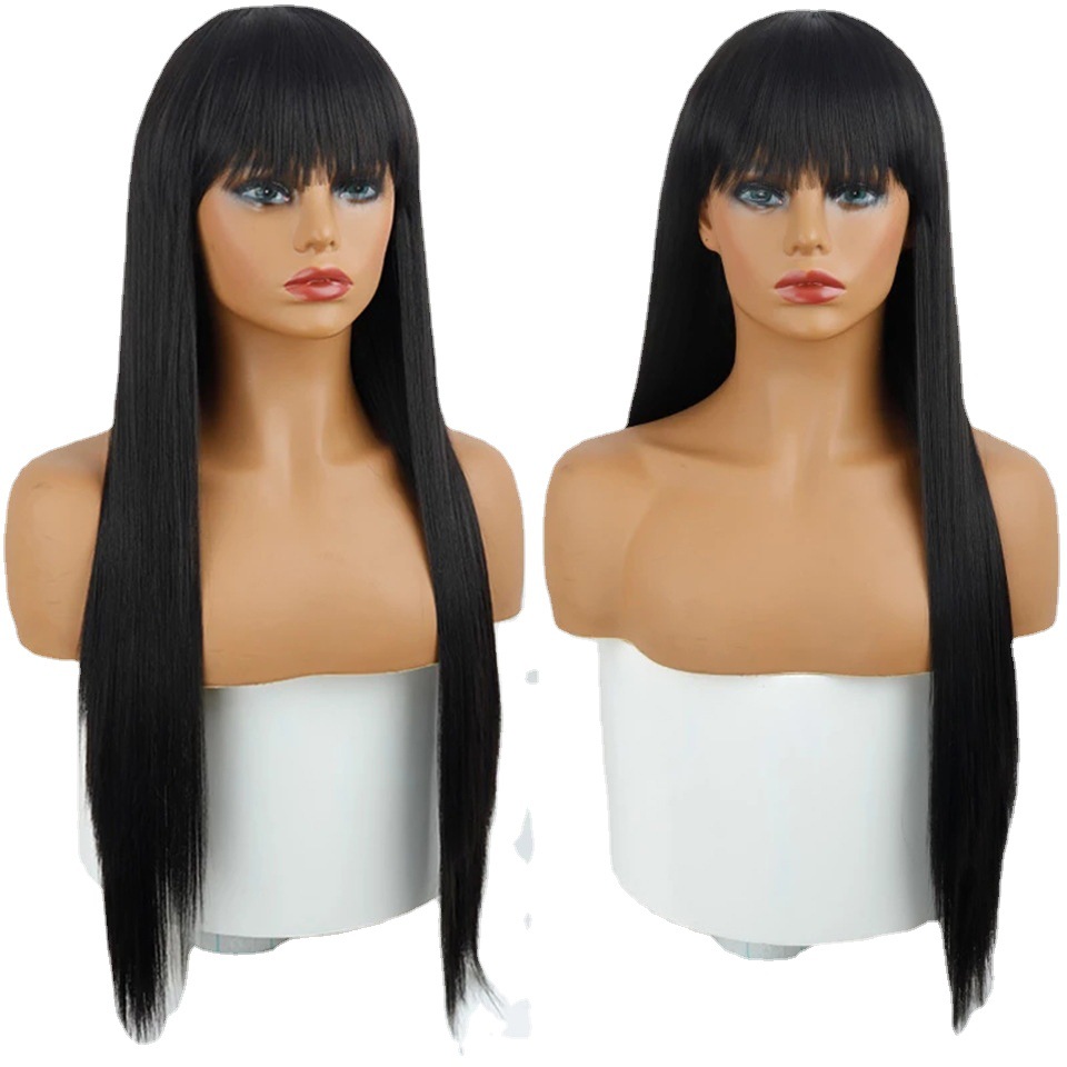 Net Celebrity Female Long Hair Air Bangs Black Long Straight Natural European And American Medium Long Hair Wig Head - Image 2