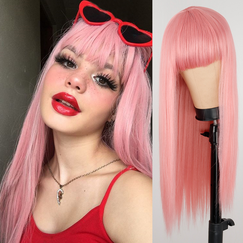 Net Celebrity Female Long Hair Air Bangs Black Long Straight Natural European And American Medium Long Hair Wig Head - Image 3