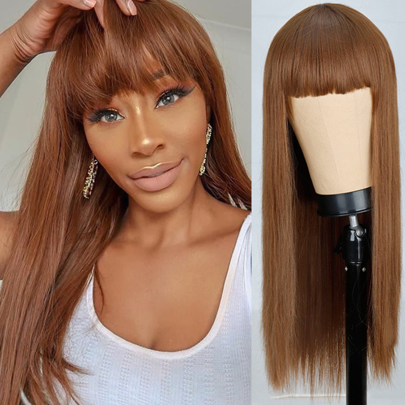 Net Celebrity Female Long Hair Air Bangs Black Long Straight Natural European And American Medium Long Hair Wig Head - Image 4