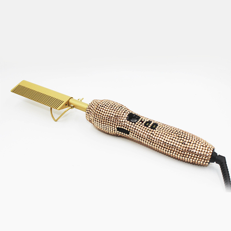 Hairdressing Comb Straight Curl Set With Glass Rhinestone Dual-Purpose Gold Diamond-Set Straight Hair Comb Hair Straightener - Image 2