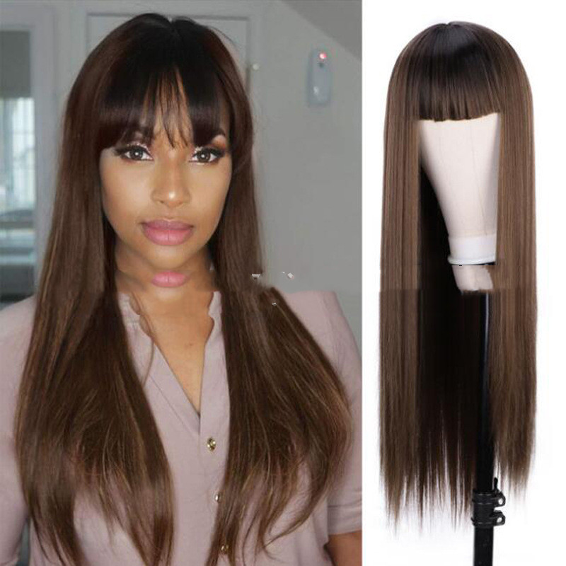 Orange Wig Female Long Straight Hair Dyed Long Hair Synthetic Headgear - Image 2