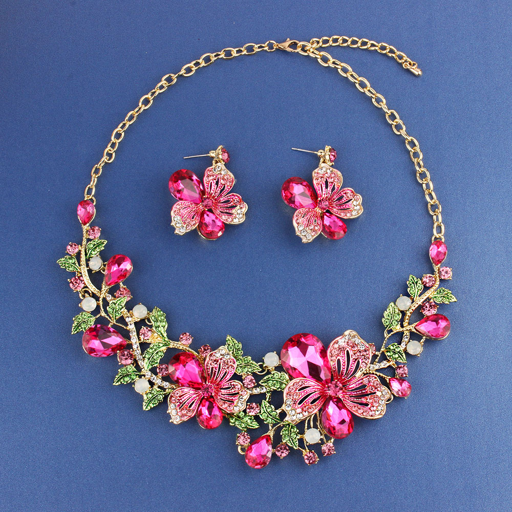 Necklace Exaggerated Colorful Flowers Full Of Diamond Crystal Necklace Earrings Jewelry Set - Image 5