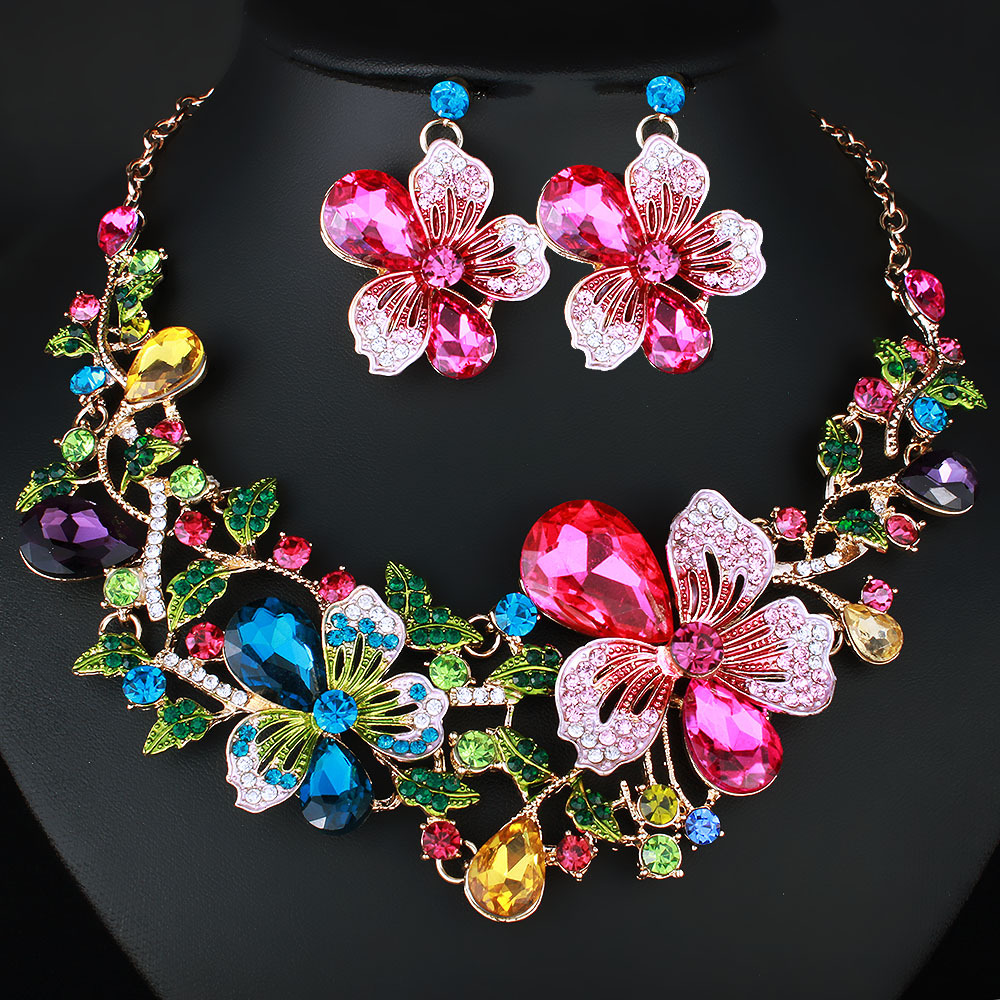 Necklace Exaggerated Colorful Flowers Full Of Diamond Crystal Necklace Earrings Jewelry Set - Image 7