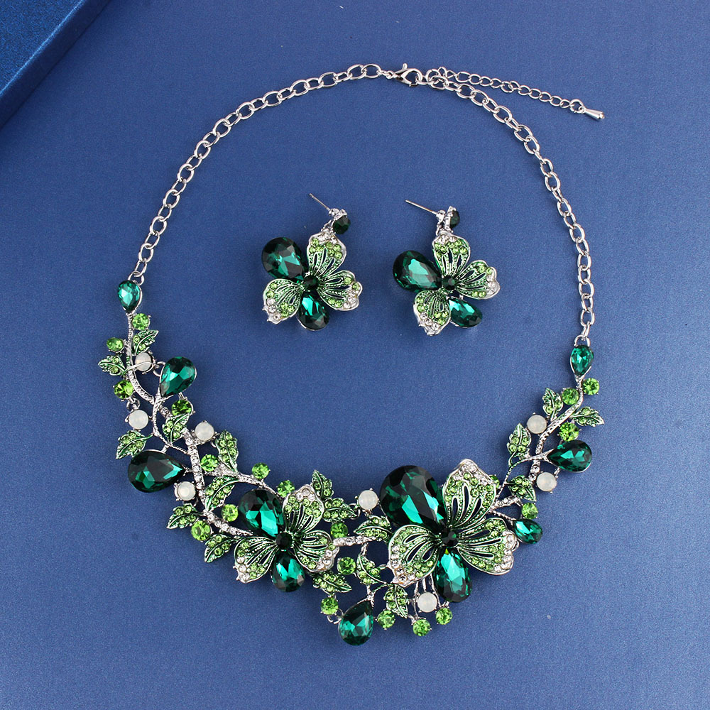 Necklace Exaggerated Colorful Flowers Full Of Diamond Crystal Necklace Earrings Jewelry Set - Image 2