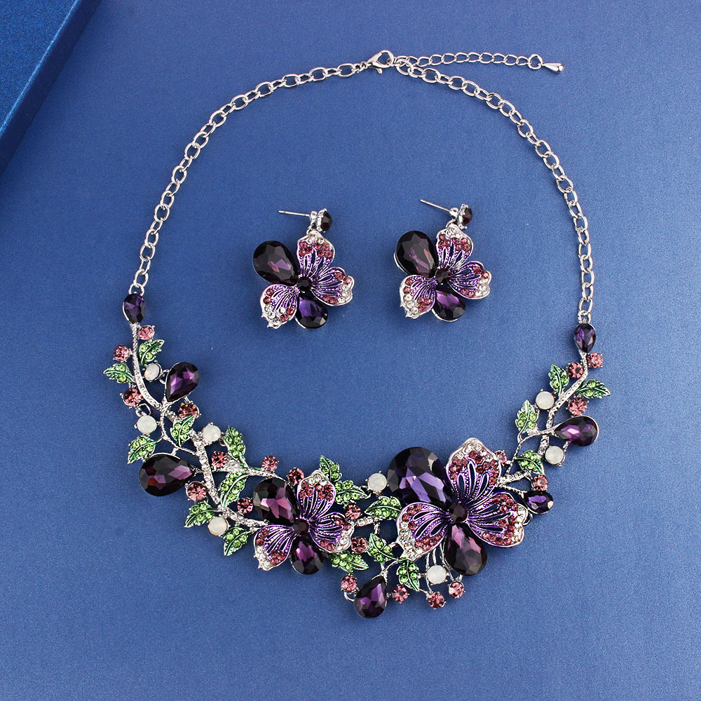 Necklace Exaggerated Colorful Flowers Full Of Diamond Crystal Necklace Earrings Jewelry Set - Image 4
