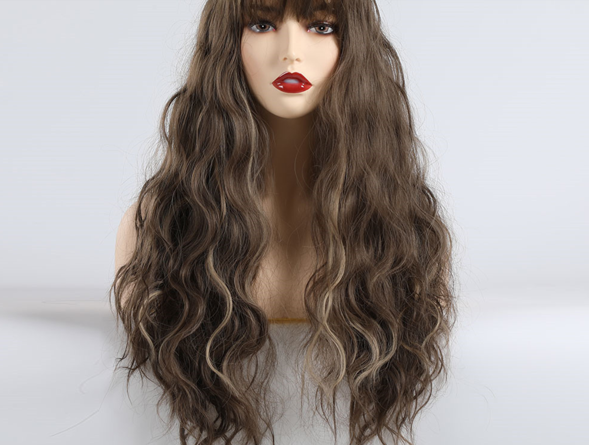 Brown mixed color long bangs curly hair
