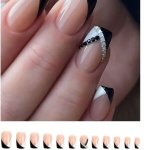 Transform Your Nails.This 24-piece Long Square Black And White French Minimalist Geometric Water-diamond Design Nail Set Is Suitable For Parties,dances,festivals And All Occasions.It Covers All Nails.