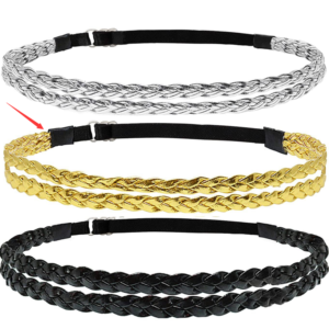 Adjustable Elastic Woven Headband Three Strands Twisted Gold Silver