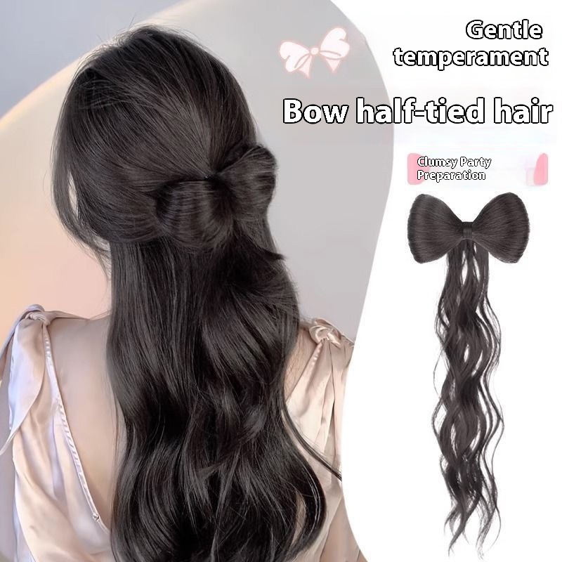 Wig Women's Long Hair Braid Lazy Bow Half Tie Up A Bun Hairstyle Artificial Hair Ponytail - Image 2