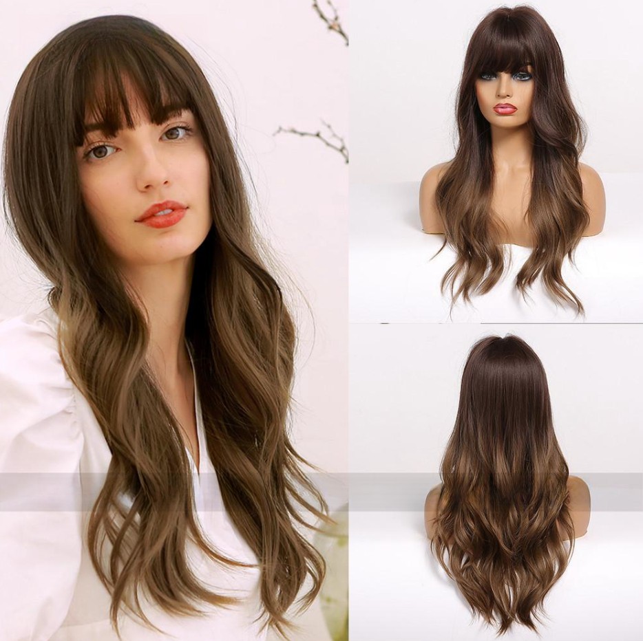 Women's Black Brown Bangs Long Curly Wig - Image 3