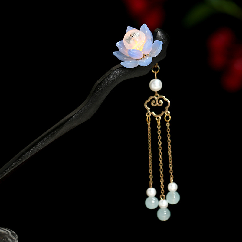 Chinese Luminous Lotus Tassel Hair Clasp Blackwood Niche Updo Hair Clasp Hanfu Hairpin - Image 2