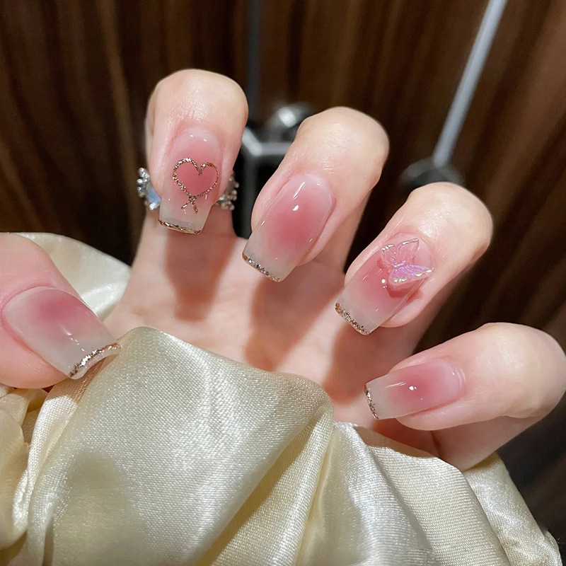Wear Nail Milky White Gradient Crooked Peach Heart Nail Sticker - Image 4