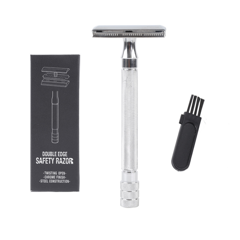 Vintage Manual Safety Metal Shaver with Brush - Image 3