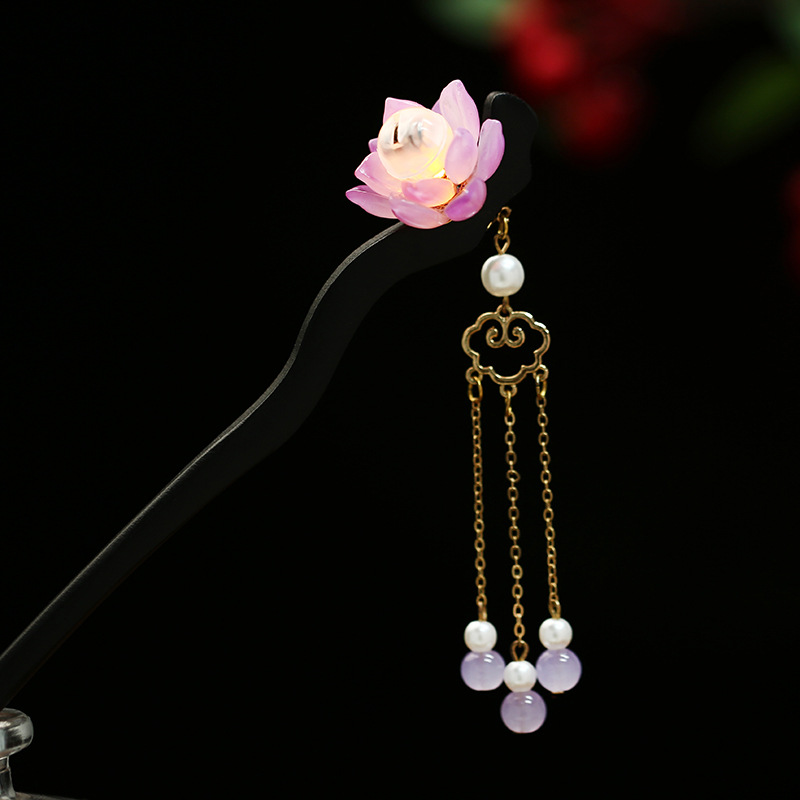 Chinese Luminous Lotus Tassel Hair Clasp Blackwood Niche Updo Hair Clasp Hanfu Hairpin