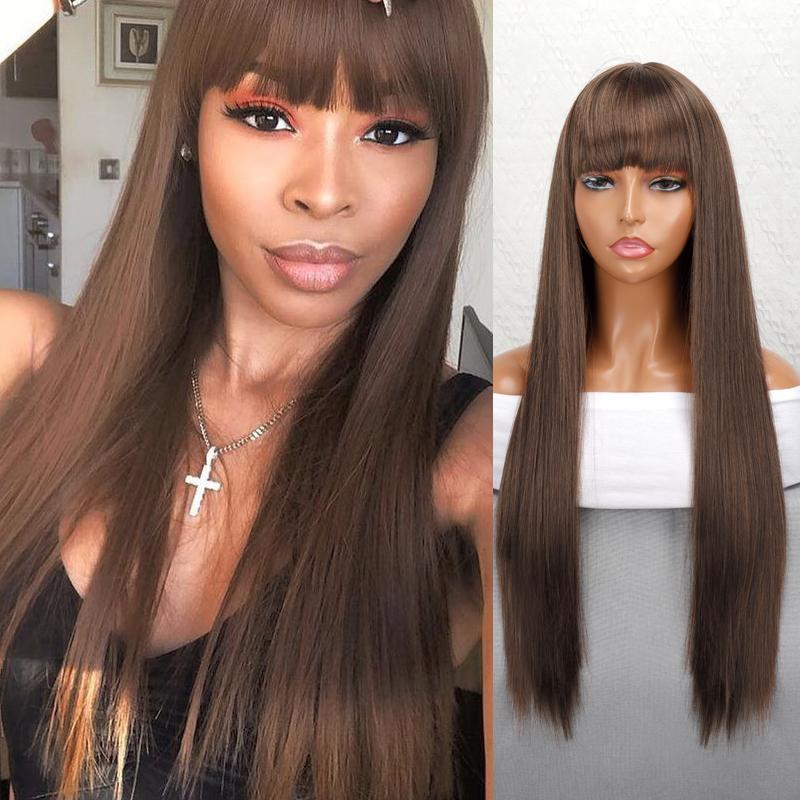 Net Celebrity Female Long Hair Air Bangs Black Long Straight Natural European And American Medium Long Hair Wig Head - Image 5