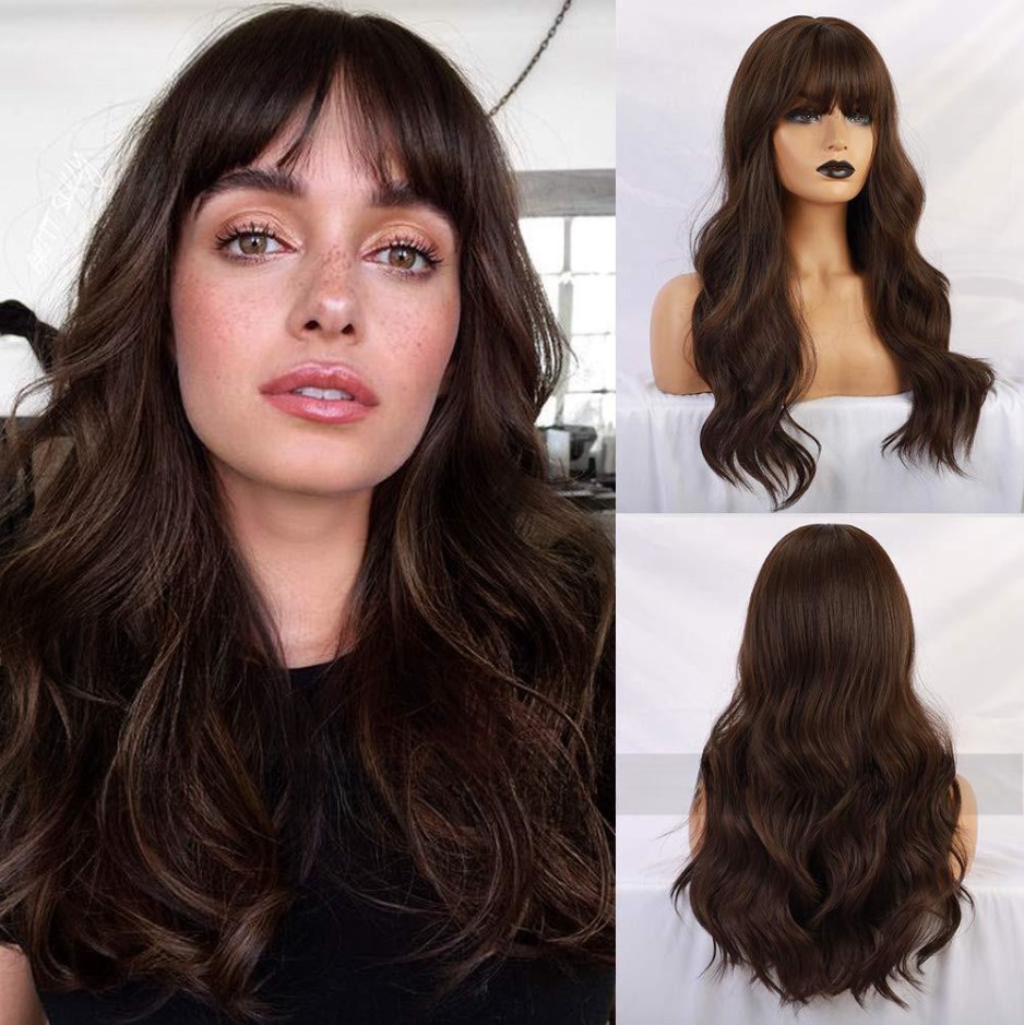 Women's Black Brown Bangs Long Curly Wig