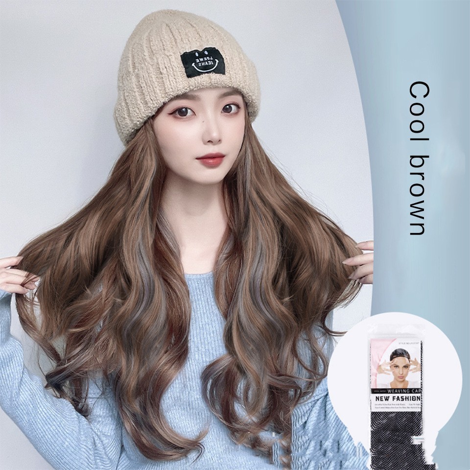 Autumn And Winter Fashion Beige Knit Pick Dye Gradient Long Curly Hair Hundred Take Wig Hat
