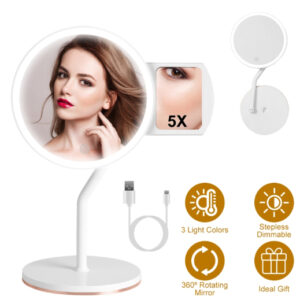 1Pc 7.48In 5X Magnifying Lighted Makeup Mirror Dimmable Magnification Mirror With Lights Lighted Vanity Mirror With 3 Light Colors