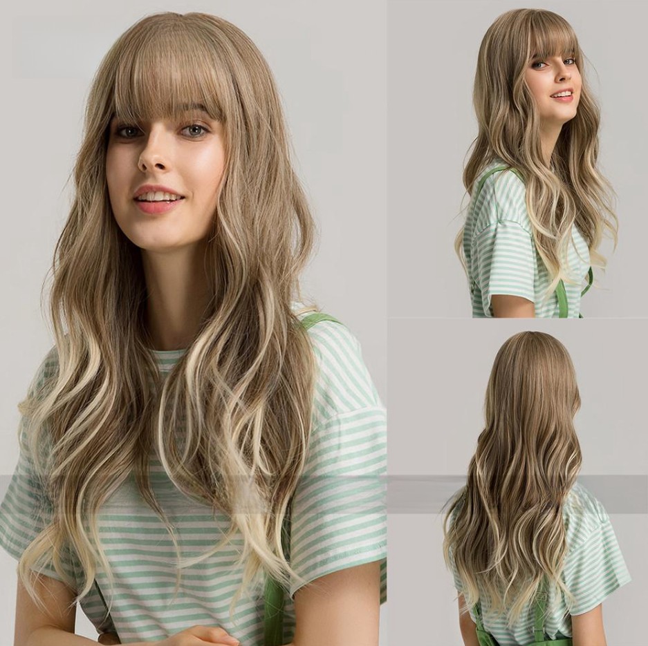 Women's Black Brown Bangs Long Curly Wig - Image 4