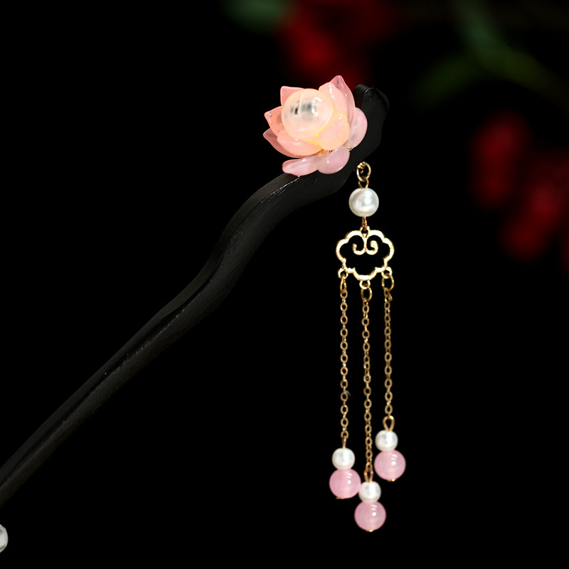 Chinese Luminous Lotus Tassel Hair Clasp Blackwood Niche Updo Hair Clasp Hanfu Hairpin - Image 3