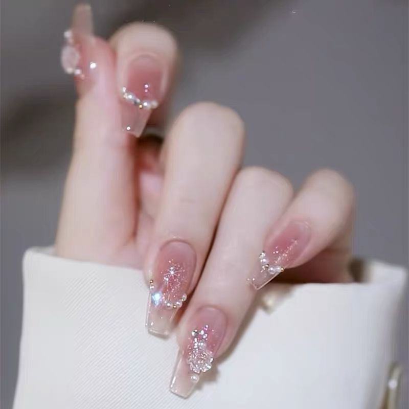 Wear Nail Milky White Gradient Crooked Peach Heart Nail Sticker - Image 7