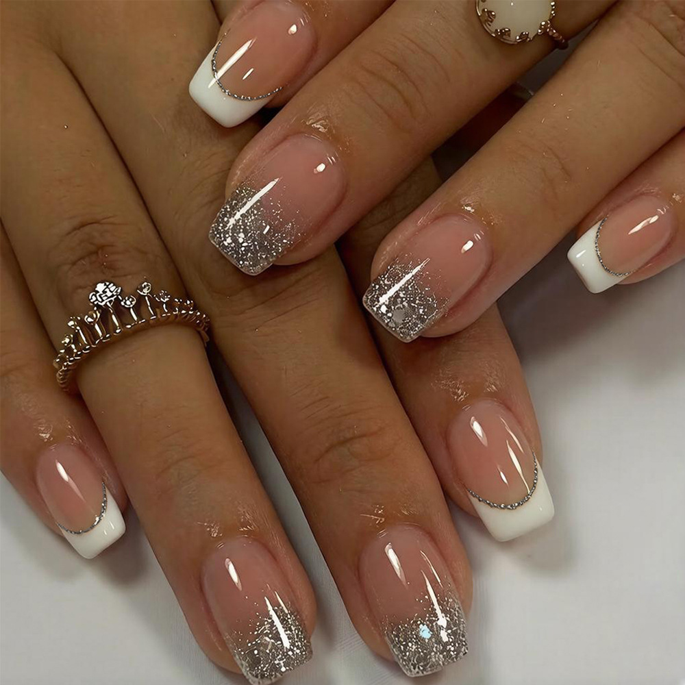 24-piece Short Coffin-style White-edge French Pressing Nail Glitter Gradient Acrylic Nail Stickers For Wearing, Including 1 Tube Of Gel And 1 Nail File. Nail Accessories.