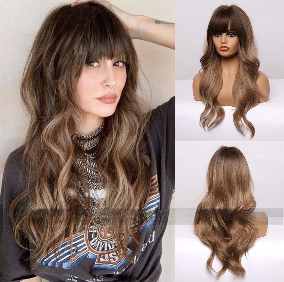 Women's Black Brown Bangs Long Curly Wig - Image 2