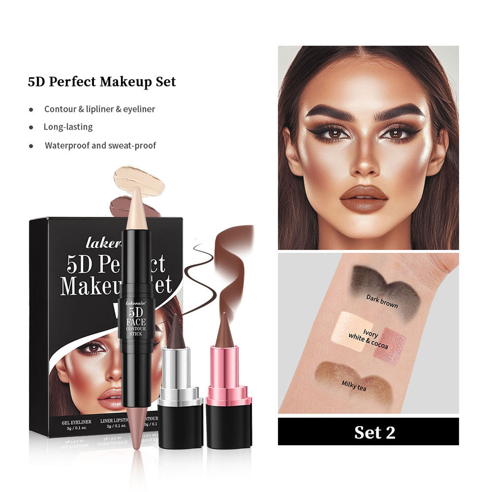 3 PCs Lipstick Lip Liner Eyeliner Highlight Contour Stick Suit 5D Face Makeup Set Suit - Image 2