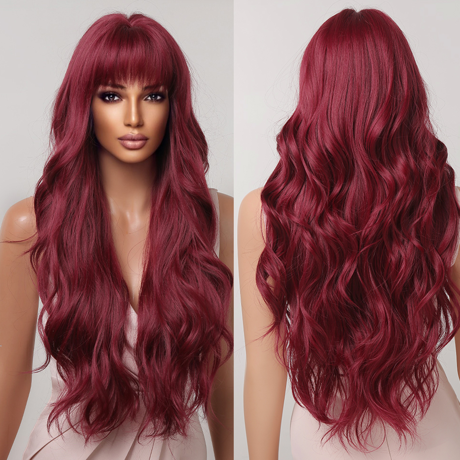 Long Curly Hair Wine Red Wig Cover Party Ball - Image 3