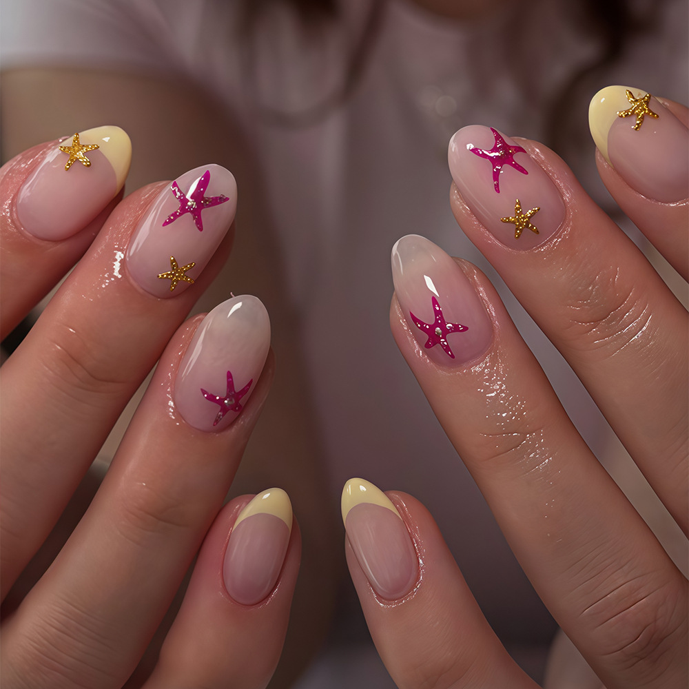 24 Pieces Of Short Oval Yellow-edged French Press-style 3D Sea Star Acrylic Nail Stickers With Gradient Effect, Including 1 Piece Of Jelly Glue And 1 Nail File. Nail Accessories.