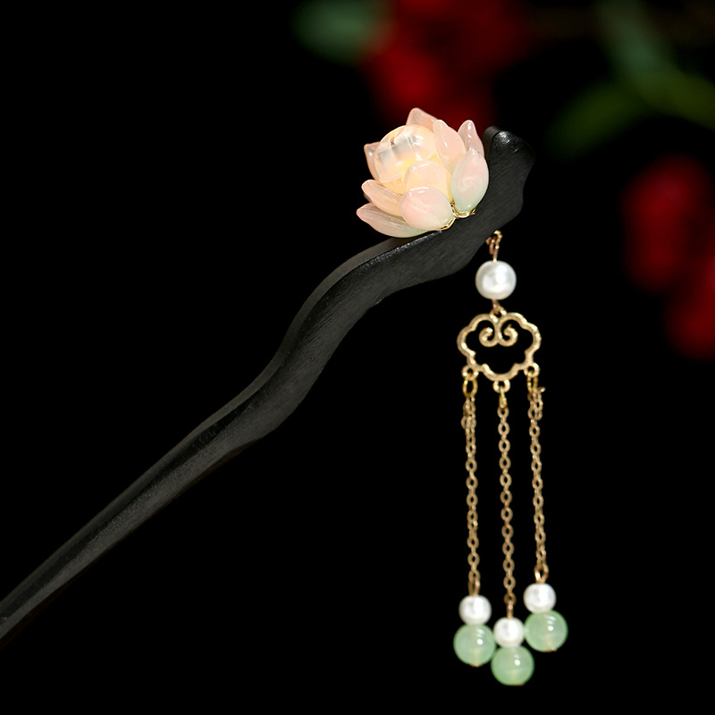 Chinese Luminous Lotus Tassel Hair Clasp Blackwood Niche Updo Hair Clasp Hanfu Hairpin - Image 4