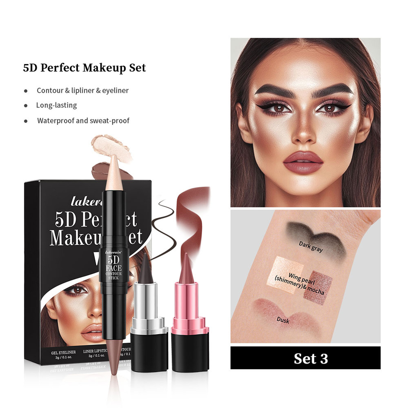 3 PCs Lipstick Lip Liner Eyeliner Highlight Contour Stick Suit 5D Face Makeup Set Suit - Image 3