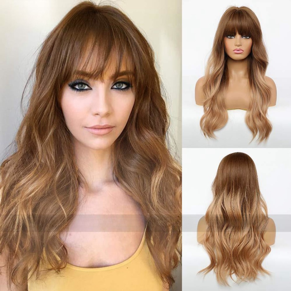 Women's Black Brown Bangs Long Curly Wig - Image 5
