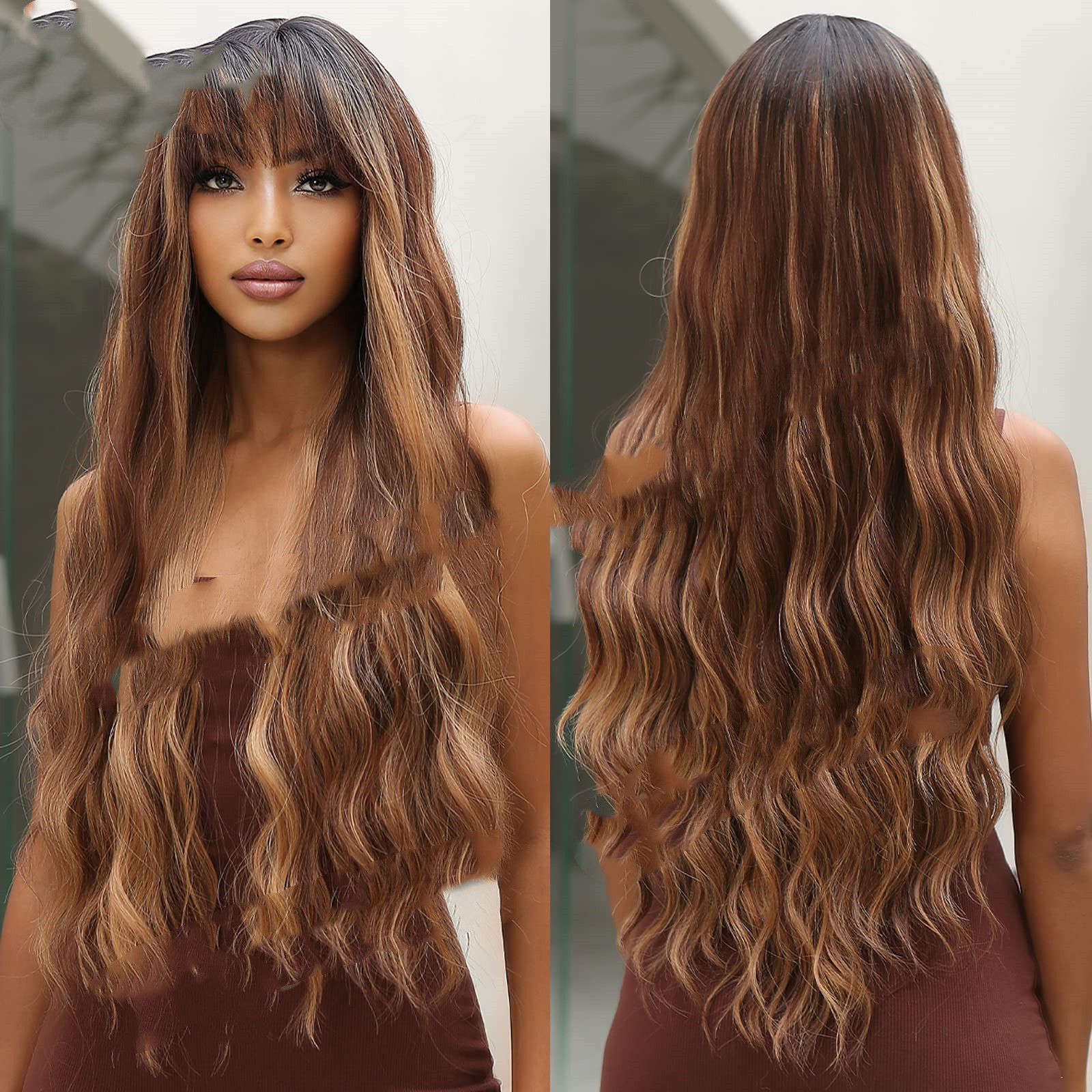Dark Brown Dyed Light Brown Bangs Long Curly Hair Wigs Mechanism Headgear - Image 2