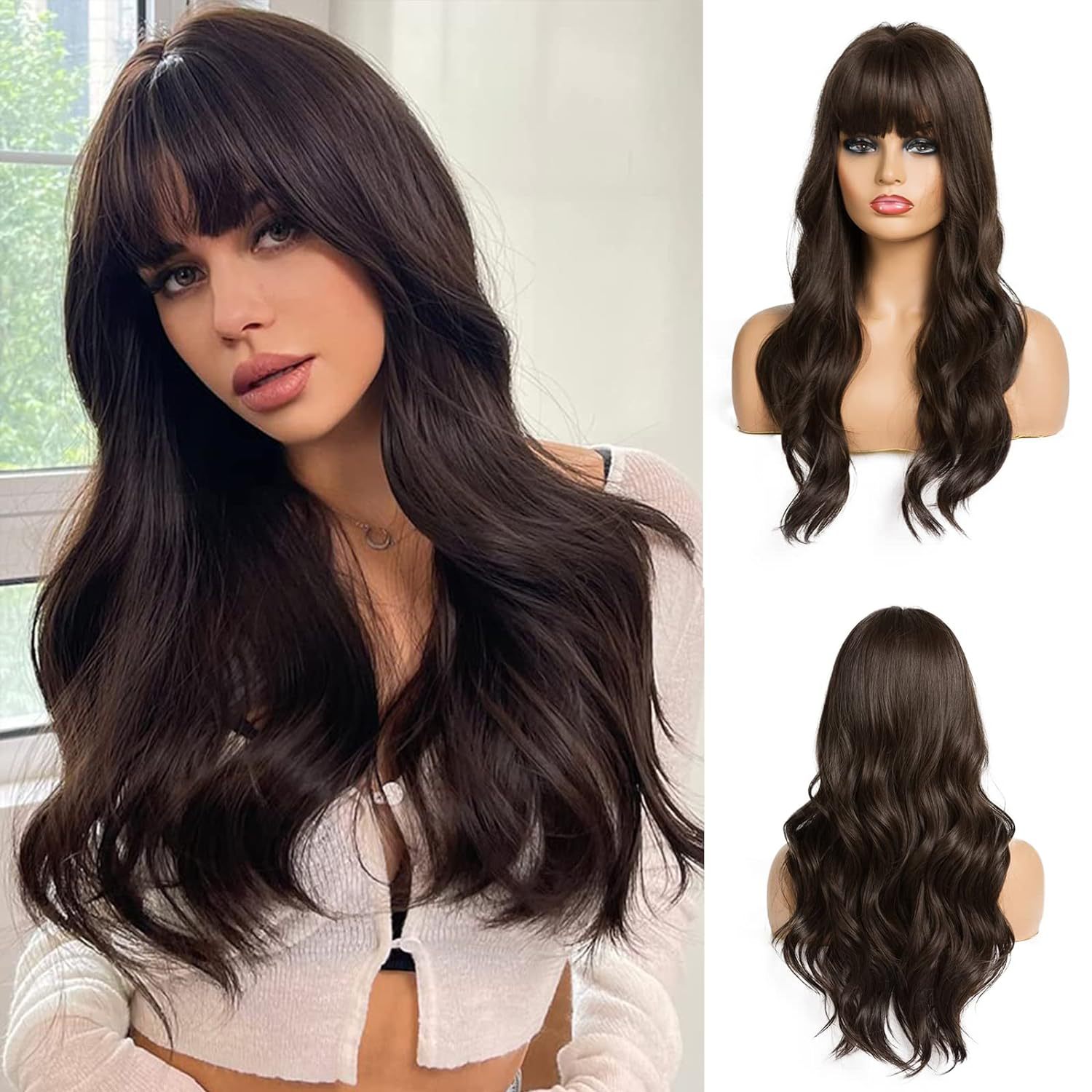 Women's Brown Bangs Long Curly Hair
